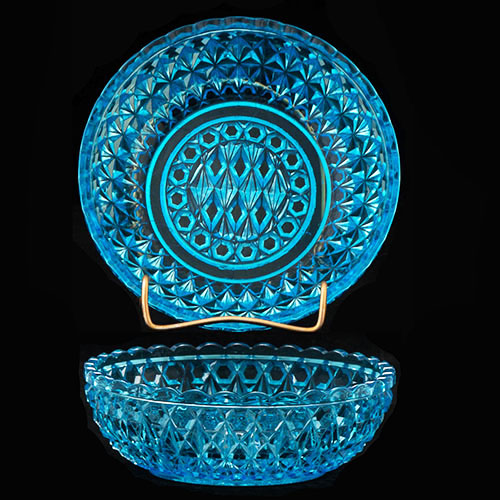 EAPG, Pressed Glass, Pattern Glass, Victorian Glass, Blue Pressed Diamond Sauce Dish, Central Glass Company