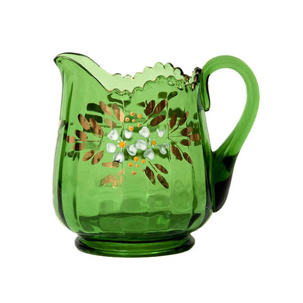 EAPG, Pattern Glass, Pressed Glass, Victorian Glass, jefferson optic cream pitcher, Tiny Optic Cream Pitcher, green glass, Jefferson Glass Company, Jefferson Optic Cream Pitcher