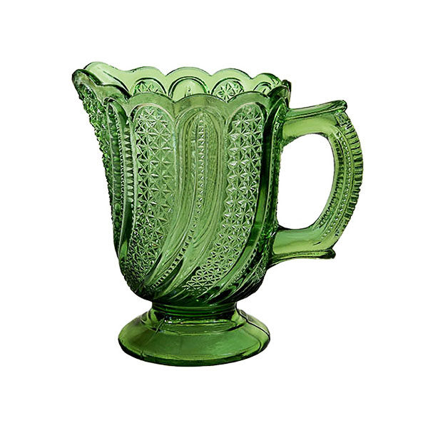 EAPG, Pattern Glass, Pressed Glass, Victorian Glass, feather cream pitcher, Doric Cream Pitcher, green glass, McKee Glass Company