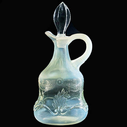 EAPG, Pattern Glass, Pressed Glass, Victorian Glass, wag with brackets cruet, Alpine Cruet, opalescent cruet, Jefferson Glass Company