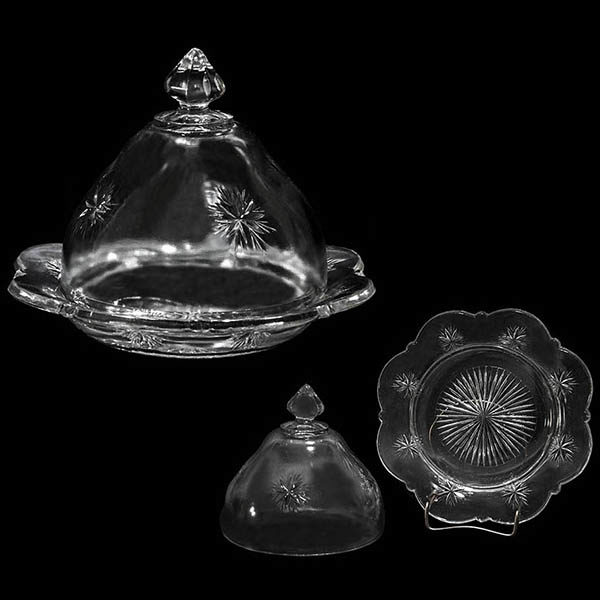EAPG, Pattern Glass, Pressed Glass, Victorian Glass, Indiana Glass Company, Bethlehm Star Butter Dish, Starburst Butter Dish, Crystal