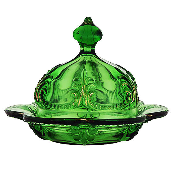 EAPG, Pattern Glass, Pressed Glass, Victorian Glass, Priscilla Butter Dish. Green Glass, Fostoria Glass Company