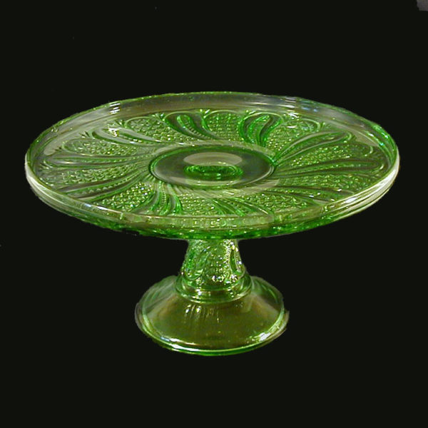 antique, EAPG, Pattern Glass, Pressed Glass, Victorian Glass, Doric Cake Stand, Feather Cake Stand, McKee and Brother Glass Company, Green Glass