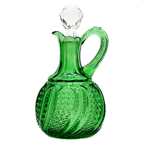 antique, EAPG, Pattern Glass, Pressed Glass, Victorian Glass, feather cruet, Doric Cruet, green glass, McKee Glass Company