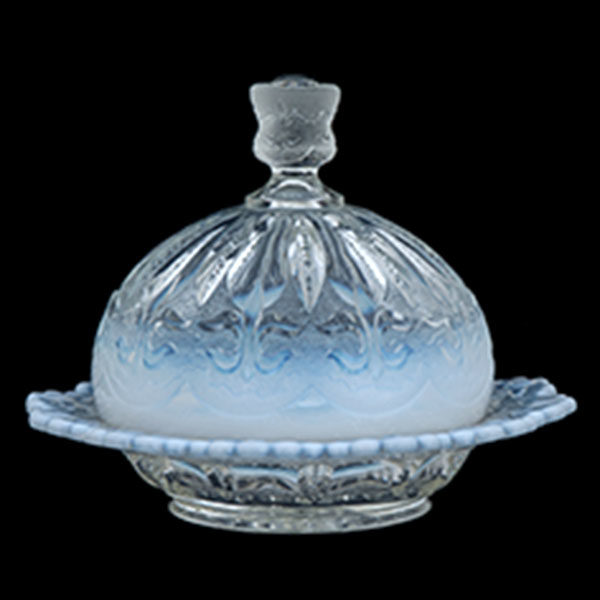 EAPG, Pattern Glass, Pressed Glass, Victorian Glass, Iris and Meander Butter Dish, White Opalescent, Jefferson Glass Company
