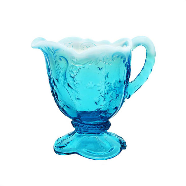 EAPG, Pattern Glass, Pressed Glass, Victorian Glass, Intaglio Cream Pitcher, blue glass, opalescent glass, Northwood Glass Company