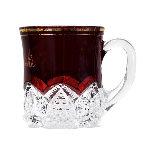 EAPG, Pattern Glass, Pressed Glass, Victorian Glass, ruby stained, button arches mug, Duncan and Sons Glass Company