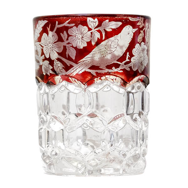 EAPG, Pattern Glass, Pressed Glass, Victorian Glass, ruby stained, hexagon block tumbler, Hobbs Glass Company, Etched Glass