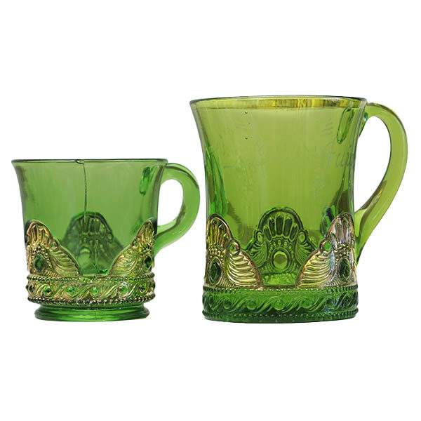 EAPG, Pattern Glass, Pressed Glass, Victorian Glass, Jewel mug, green glass, United States Glass Company, Lacy Medallion Mug