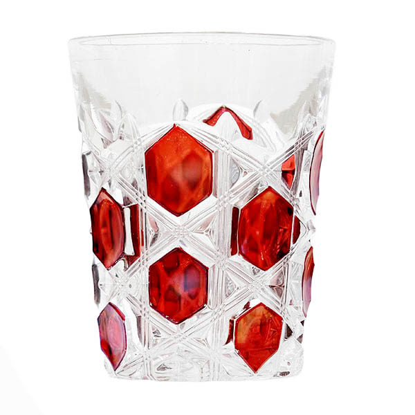 EAPG, Pattern Glass, Pressed Glass, Victorian Glass, ruby stained, Krys-tol Hexagon Tumbler, Ohio Flint Glass Company, Jefferson Glass Company
