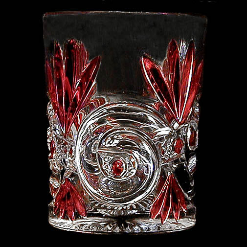 EAPG, Pattern Glass, Pressed Glass, Victorian Glass, ruby stained, tumbler scroll with cane band, West Virginia Glass Company