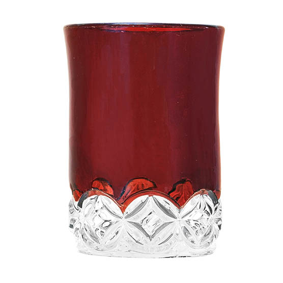 EAPG, Pattern Glass, Pressed Glass, Victorian Glass, ruby stained, hero tumbler, pillow encircled tumbler, ruby rosette tumbler, Elson Glass Company, West Virginia Glass Company