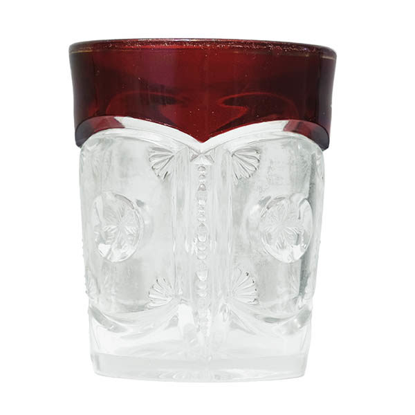 EAPG, Pattern Glass, Pressed Glass, Victorian Glass, ruby stained, Peerless tumbler, frost crystal tumbler, Tarentum glass company