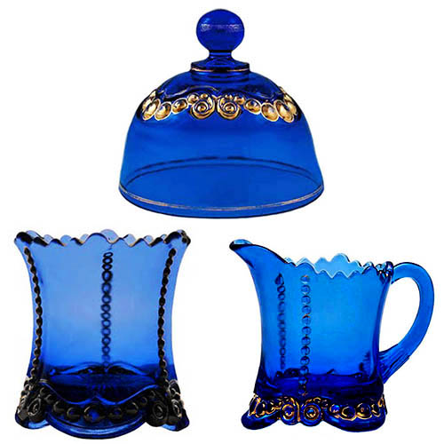 EAPG, Pattern Glass, Pressed Glass, Victorian Glass, Tblet Set Bead and Scroll, Bead and scroll butter lid, Bead and scroll spoon holder, bead and scroll cream pitcher, blue glass