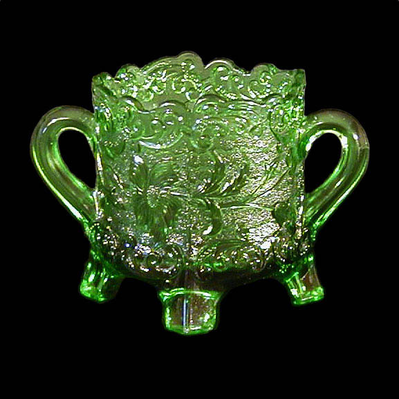 EAPG, Pattern Glass, Pressed Glass, Victorian Glass, green glass, Floradora Sugar Bowl, United States Glass Company