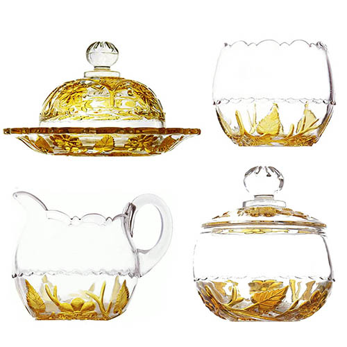 EAPG, Pattern Glass, Pressed Glass, Victorian Glass, yellow glass, Leaf and Flower Table Set, Leaf and Flower Butter Dish, Laf and Flower Spoon Holder, Leaf and Flower Sugar Bowl, Leaf and Flower Cream Pitcher, Hobbs Glass Company