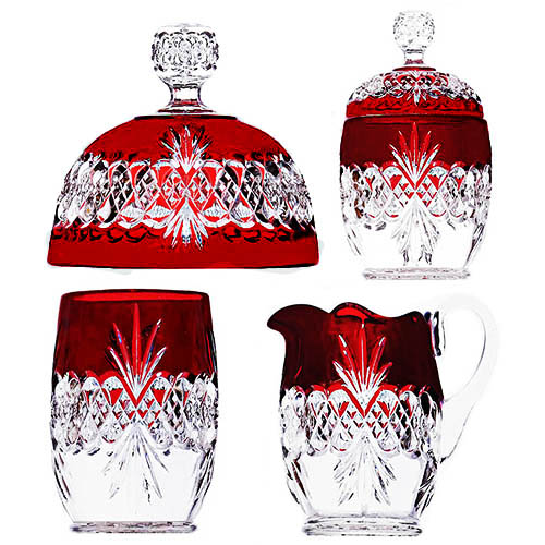 EAPG, Pattern Glass, Pressed Glass, Victorian Glass, red glass, Atlanta Table Set, Royal Crystal Table Set, Atlanta Butter Cover, Royal Crystal Butter Cover, Atlanta Celery, Royal Crystal Celery, Atlanta Sugar Bowl, Royal Crystal Sugar Bowl, Atlanta Cream Pitcher, Royal Crystal Cream Pitcher, Tarentum Glass Company