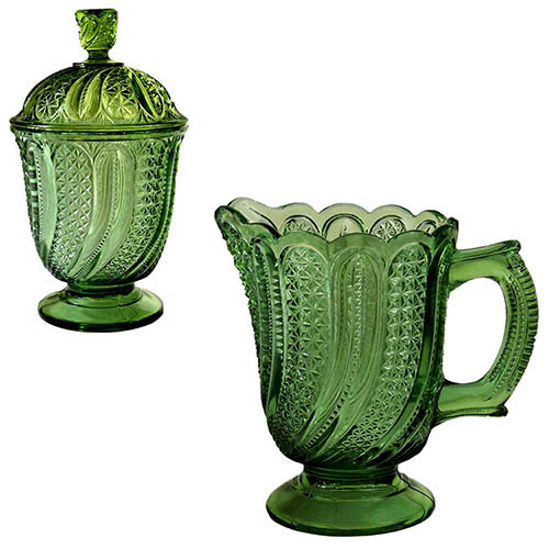 antique, EAPG, Pattern Glass, Pressed Glass, Victorian Glass, Feather sugar Bowl. feather cream pitcher, feather table set, green glass, McKee and Brothers Glass Company