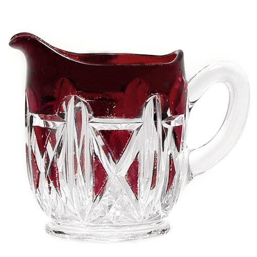 EAPG, Pattern Glass, Pressed Glass, Victorian Glass, antique, ruby stained, red glass, triple triangle cream pitcher, Doyle glass companny, united states glass company