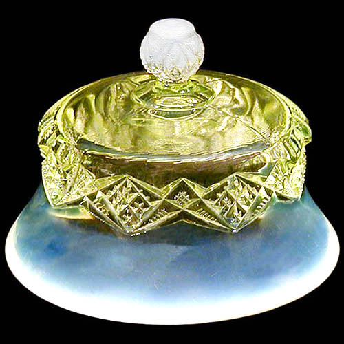 EAPG, Diamond Spearhead butter lid,, vaseline opal glass, Victorian glass, pressed glass, pattern glass, antique, National Glass Company