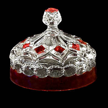 EAPG, Victorian glass, pattern glass, pressed glass antique, loop and block butter dish lid, thompson glass company, pioneer glass decorating company, crystal glass, ruby stain