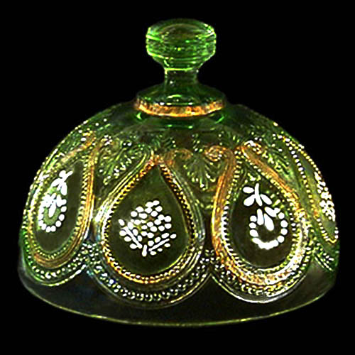 EAPG, Victorian glass, pressed glass, pattern glass, antique, Scroll with Acanthus butter dish lid, apple green glass, northwood glass company