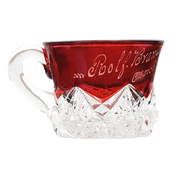 EAPG, Victorian glass, pattern glass, pressed glass, antique, Diamond peg Punch Cup, rubby stain, Jefferson Glass Company