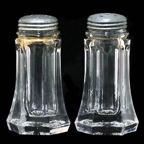 EAPG, Victorian Glass, Pattern Glass, Pressed Glass, antique, clear glass, salt shaker pair, peerless salt and pepper shaker, A.H. Heisey Glass Company