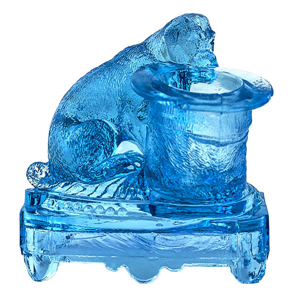 EAPG, Victorian Glass, Pattern Glass, Pressed Glass, antique, Dog and Hat Toothpick Holder, electric blue glass, Belmont Glass Company