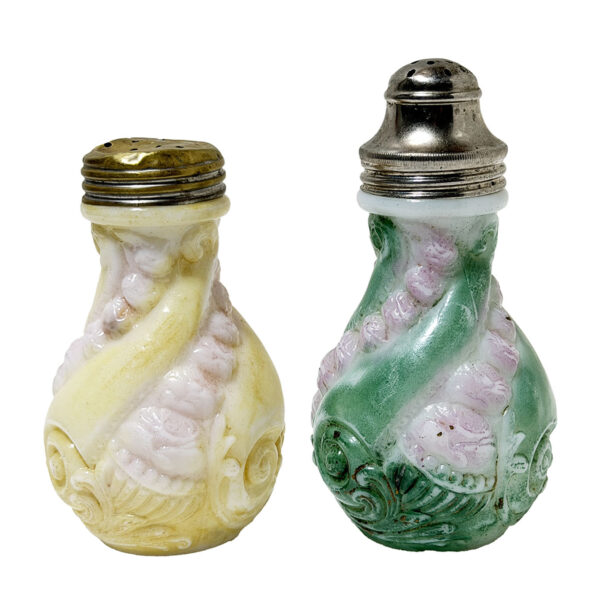 EAPG, Victorian Glass, Pressed Glass, Pattern Glass, antique, Twisted Scroll Salt and Pepper Shakers, milk glass, Eagle Glass and Manufacturing Company