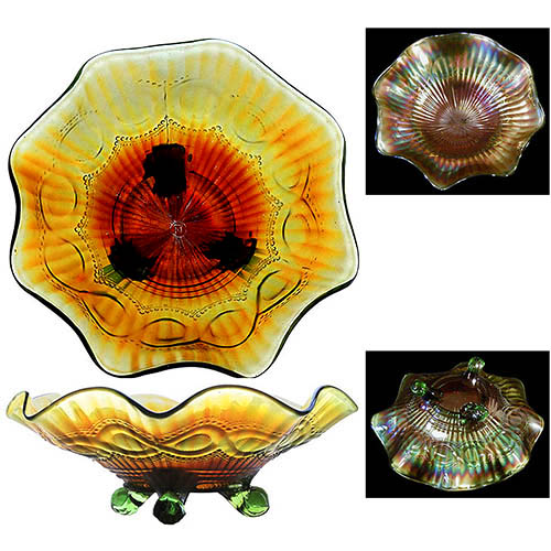 Carnival Glass, EAPG, Beaded Cable Footed Bowl, Northwood Glass Company