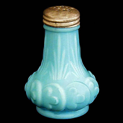 EAPG, Victorian glass, Pressed Glass, Pattern Glass, antique, Clover Leaf Salt Shaker, blue milk glass, Dithridge and Company