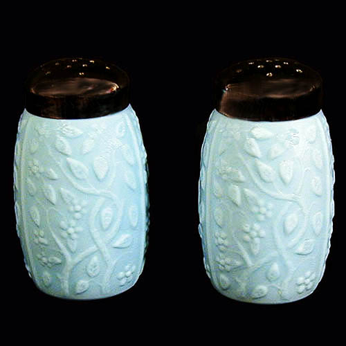 EAPG, Victorian Glass, Pressed Glass, Pattern Glass, antique, Challinor's Tree of Life Salt and Pepper Shakers, blue milk glass, Challinor Taylor and Company