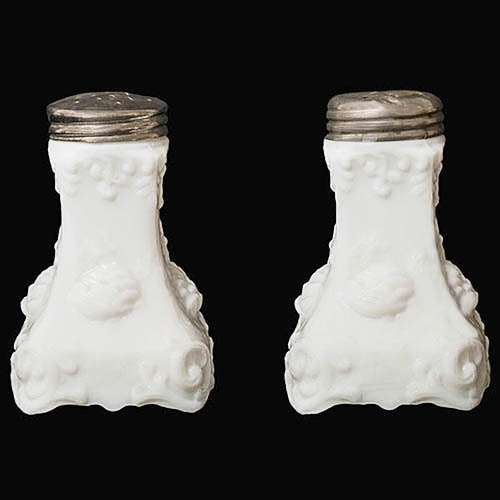 EAPG, Victorian Glass, Pattern Glass, Pressed Glass, antique, milk glass, Convex Panel Salt and Pepper Shaker, Four Footed Scroll Salt and Pepper Shaker, Eagle Glass and Manufacturing Company