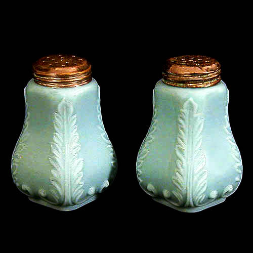 EAPG, Victorian Glass, Pattern Glass, Pressed Glass, antique, Four Sided Leaf Salt Shaker, blue milk glass, Gillinger and sons Glass Company