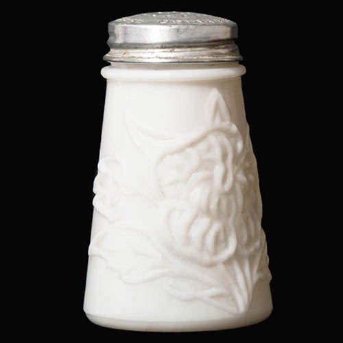 EAPG, Victorian Glass, Pattern Glass, Pressed Glass, antique, Open Flower Salt Shaker, milk glass, Eagle Glass Company