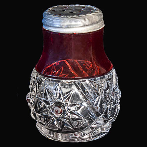 EAPG, Victorian Glass, Pattern Glass, pressed Glass, antique, ruby stain, Puritan Robinson Salt Shaker, Puritan Rob Salt Saker, Robinson Glass Company