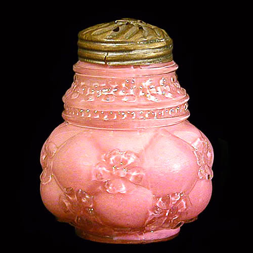 EAPG, Victorian Glass, Pattern Glass, Pressed Glass, antique, Quilted Phlox Salt Shaker, pink cased glass, Northwood Glass Company