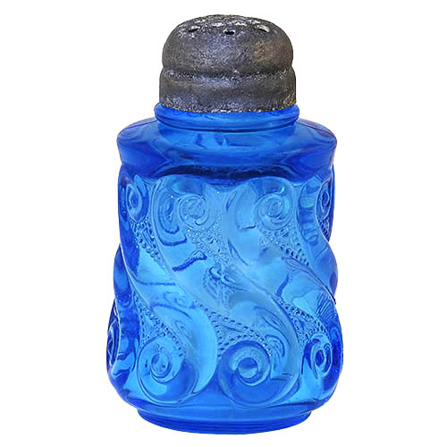 EAPG, Victorian Glass, Pattern Glass, Pressed GLass, antique, blue glass, S Repeat Salt Shaker, National Salt Shaker, blue glass, National Glass Company