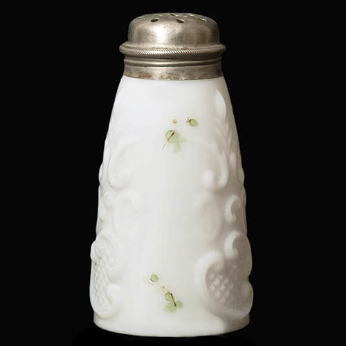 EAPG, Victorian Glass, pattern glass, pressed glass, antique, scroll tapered salt shaker, milk glass