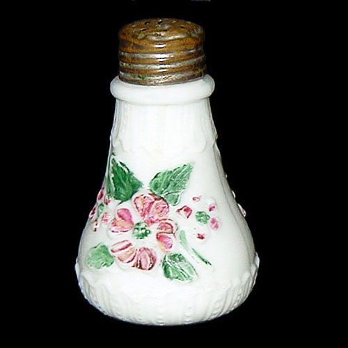 EAPG, Victorian Glass, Pattern Glass, Pressed Glassed, antique, Viking Salt Shaker, Rose Salt Shaker, milk glass, New Martinsville Glass Manufacturing Company