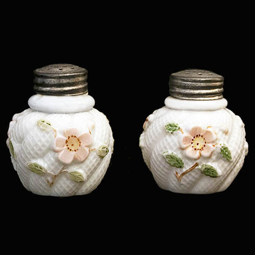 EAPG, Victorican Glass, Pressed Glass, Pattern Glass, antique, milk glass, apple blossom salt and pepper shaker, Northwood Glass Company