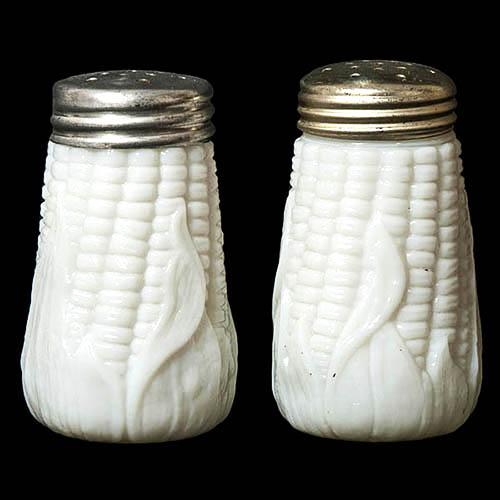 EAPG, Victorian Glass, Pattern Glass, Pressed Glass, antique, Corn with Husk Salt and Pepper Shakers, milk glass