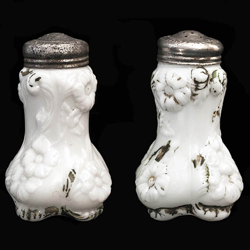 EAPG, Victorian Glass, Pattern Glass, Pressed Glass, Antique, Flower Blooming Salt and Pepper Shaker, milk glass, Eagle Glass and Manufacturing Company