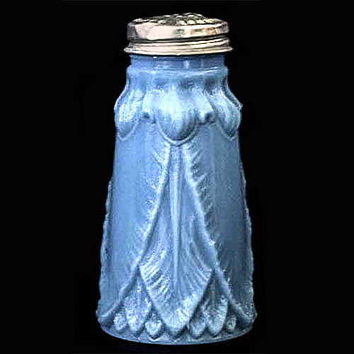 EAPG, Victorian Glass, Pattern Glass, pressed glass, antique, Leaf Hanging Salt Shaker, blue milk glass