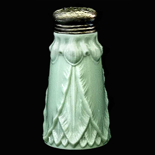 EAPG, Victorian Glass, Pattern Glass, Pressed Glass, antique, Leaf Hanging Salt Shaker, green milk glass