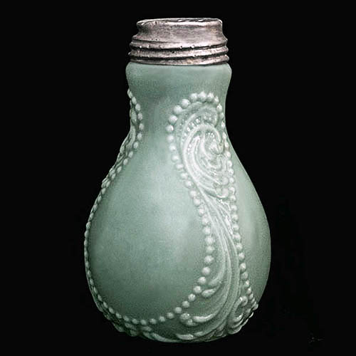 EAPG, Victorian Glass, Pressed Glass, Pattern Glass, antique, Paneled Scroll Salt Shaker, blue green milk glass, Gillinder and Son Inc