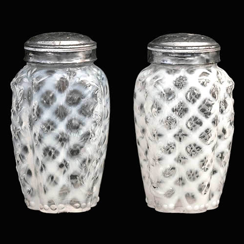 EAPG, Victorian Glass, Pattern Glass, Pressed Glass, antique, paneled prig salt and pepper shaker, opalescent glass, Northwood Glass Company
