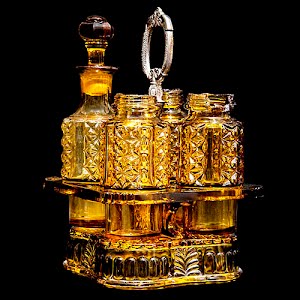 Paragon Caster Set, EAPG. Victorian Glass, Pattern Glass, Pressed Glass, antique, Paragon Castor Set, Adams and Company, amber glass