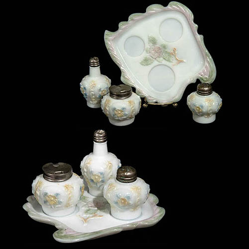 EAPG, Victorian Glass, Pattern Glass, Pressed Glass, Milk Glass Cosmos Scroll Condiment set, Cosmos Scroll Salt and Pepper, Cosmos Scroll Condiment tray, Eagle Glass Manufacturing Company